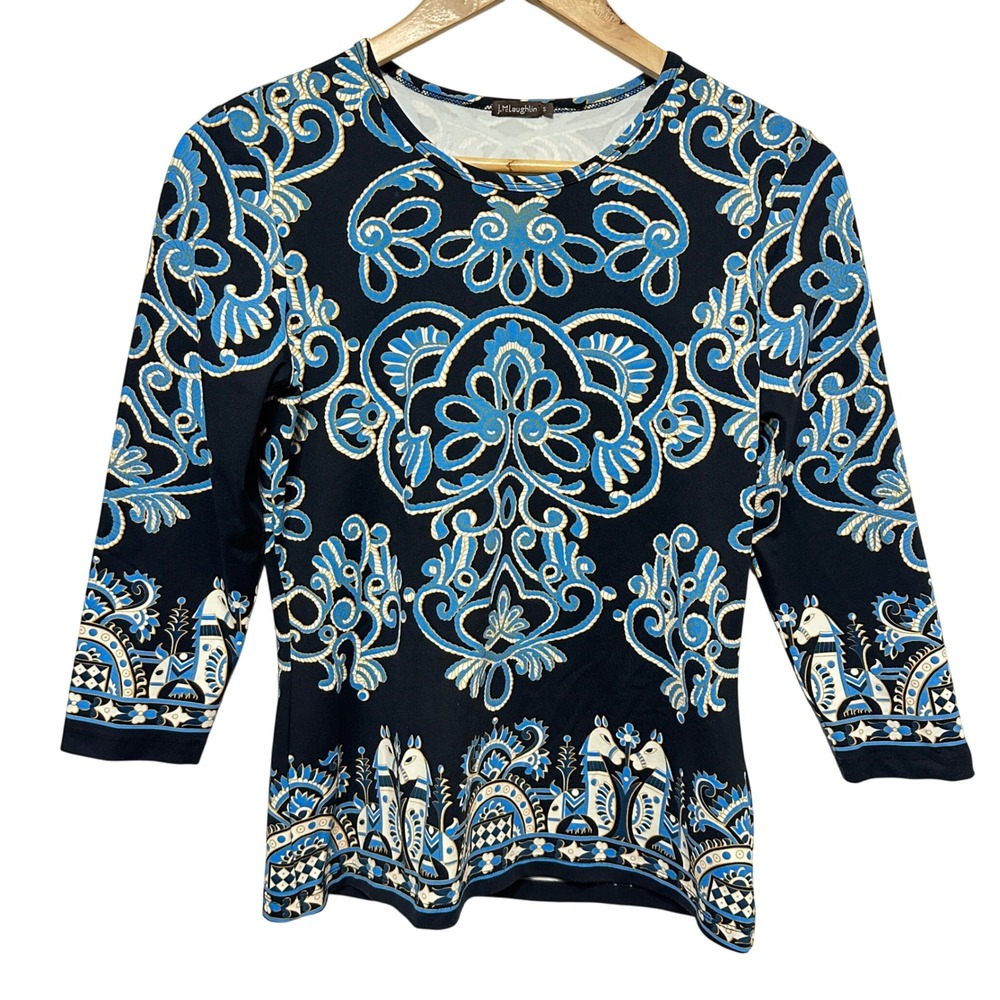 J. McLaughlin Equestrian Top Women Small Catalina Cloth 3/4 Sleeve Blouse Horses